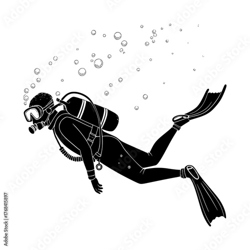 Silhouette of Scuba Diver Underwater with Bubbles – Black and White Minimalist Illustration