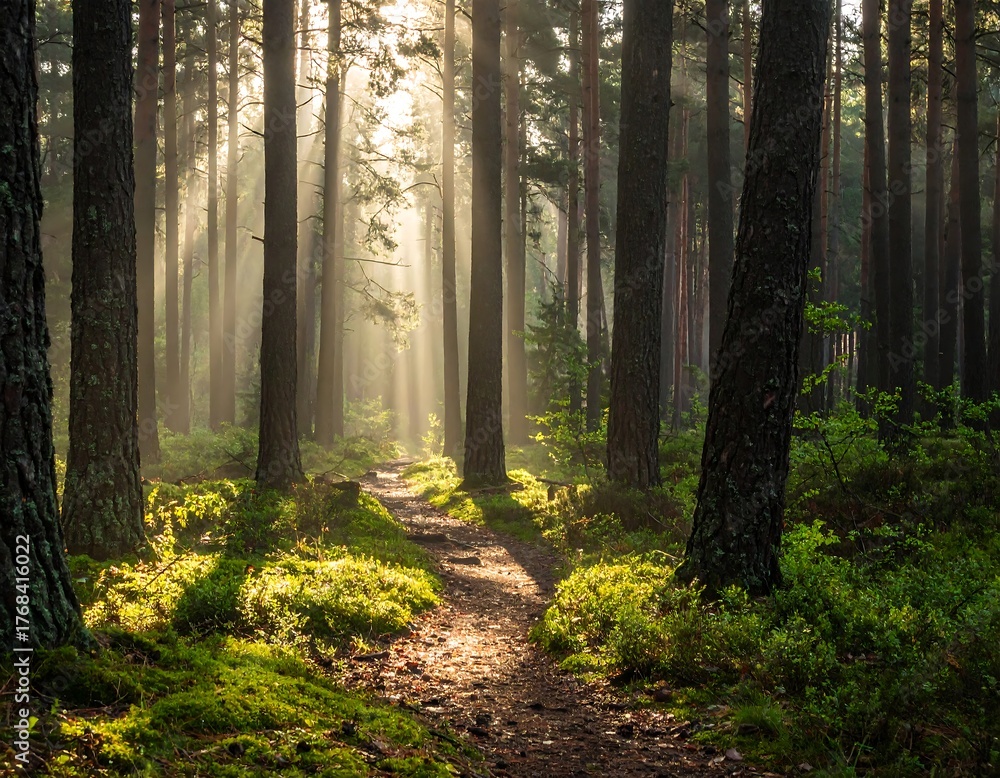 Fototapeta premium Serene forest path bathed in sunlight, creating a mystic ambience