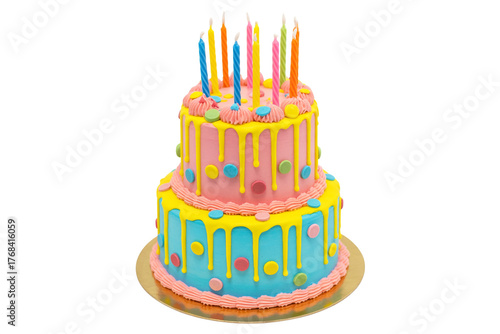 A vibrant two-tiered birthday cake on a gold circular base.