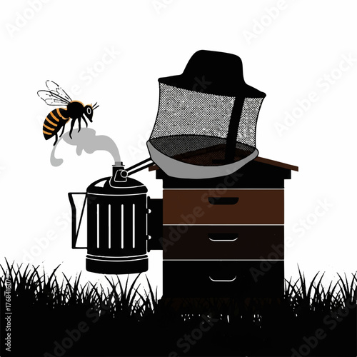 Beekeeping equipment including a beehive, smoker, and bee, set against a with grass at the bottom