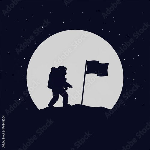 Astronaut planting a flag on a celestial body with a large moon or planet in the background under a starry night sky, symbolizing exploration and achievement