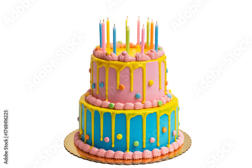 A vibrant two-tiered birthday cake on a gold circular base.