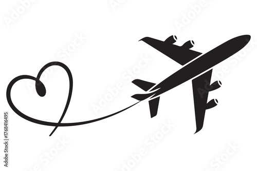 Heart and airplane silhouette travel love concept icon
