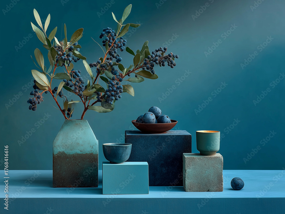 Obraz premium Minimalistyczna martwa natura w odcieniach Transformative Teal: wazon z gałązkami, misy z jagodami na geometrycznych, modułowych podstawach.