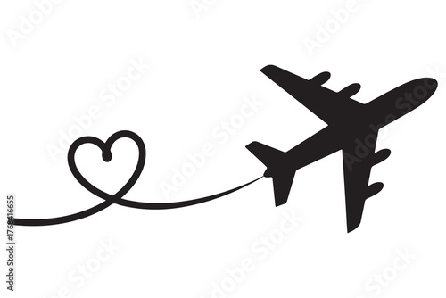 Heart and airplane silhouette travel love concept icon
