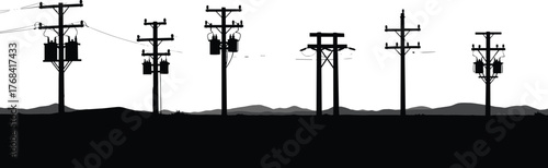 Electric power poles silhouette in rural landscape, electricity distribution network, industrial energy structure, high voltage lines and transformer design illustration