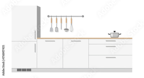 Modern kitchen interior design showcasing sleek white cabinetry, stainless steel cookware, and essential utensils for a stylish and functional home space