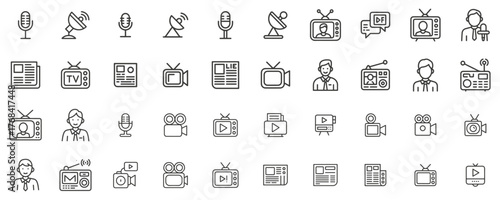 Mass Media Line Editable Icon Set, television, icon, media, communication, news, press, broadcast,  microphone, line, video, newspaper, radio, outline, and more. Vector illustration