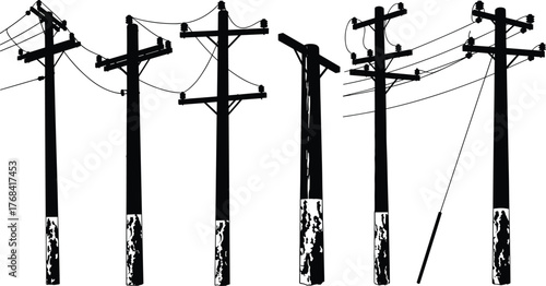Electric power poles with cables and wires, black and white silhouette illustration of electricity infrastructure, energy distribution and transmission network