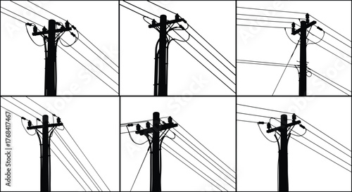 Electric power poles with high voltage wires, utility line structure, black and white silhouette illustration showing energy distribution and electrical infrastructure