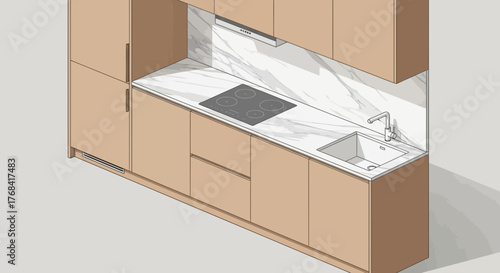 Modern Kitchen Design with Sleek Appliances and Marble Backsplash, Perfect for Interior Design Mockups and Home Improvement Projects, Scalable Graphics