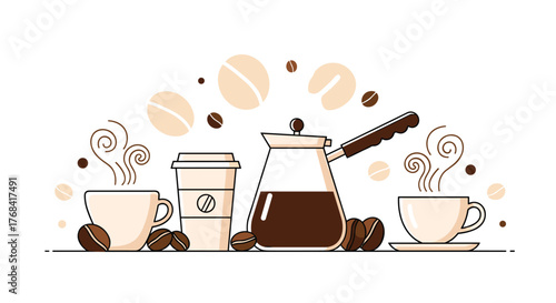 A stylized illustration of coffee elements including cups, a pot, and beans with steam rising.