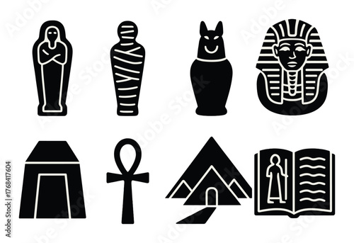 Ancient egyptian symbols: mummy, ankh, pyramid, pharaoh, tomb, hieroglyphic icons