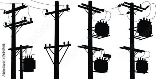Electric power poles with transformers and high voltage wires, black and white vector illustration of electricity distribution, infrastructure, and energy transmission