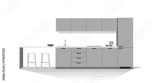 Sleek minimalist kitchen design featuring modern gray cabinetry, island, and stools, perfect for showcasing contemporary home decor and architectural inspiration