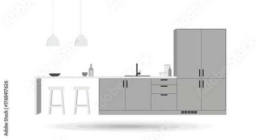 Modern kitchen interior design with minimalist cabinets, sleek countertops, and trendy pendant lights creating a stylish and functional culinary space