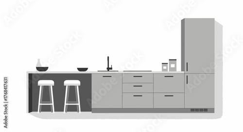 Clean modern kitchen design with minimalist gray cabinets, stylish bar stools, and sleek countertops for contemporary living spaces, ideal for home decor blogs
