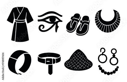 Silhouette icons of traditional clothing and accessories on dark background