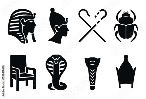 Ancient egyptian symbols: pharaohs, scarab, cobra, ankh, throne, hieroglyphics