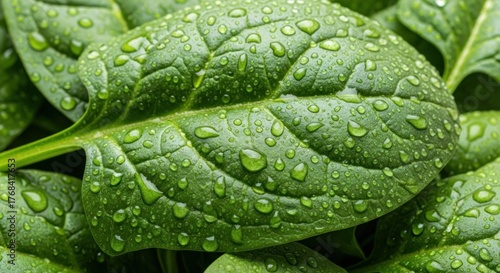 Close up of fresh spinach leaves covered in water droplets, bright green