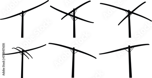 Electric utility pole silhouette collection, minimal black and white design showing power lines, energy transmission, and industrial electrical structure pattern