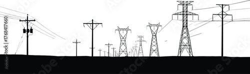 Electric power transmission towers and poles silhouette, high voltage electricity lines landscape, industrial energy infrastructure illustration in black and white