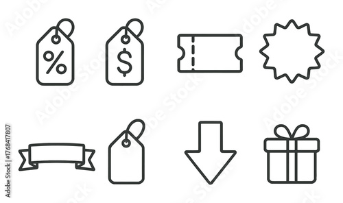 Set of minimalist shopping icons: tags, discounts, gift, arrow