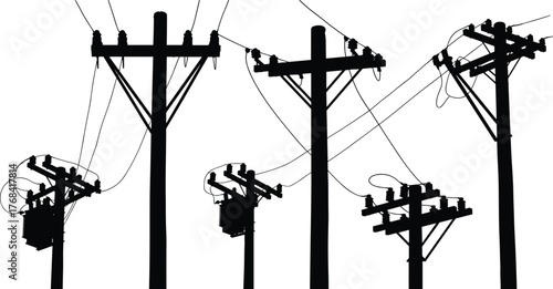 Electric utility poles with transformers and power lines, black and white silhouette illustration of electricity transmission, energy distribution network infrastructure
