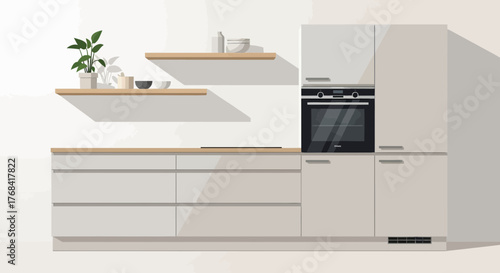 Modern kitchen interior design with sleek cabinets, shelves, and oven creates a minimalist and functional cooking space for contemporary living