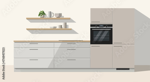 Stylish modern kitchen interior with sleek cabinets and open shelving perfect for home design mockups, interior decorating, and contemporary living spaces