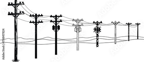 Electric utility poles in rural landscape, black and white illustration showing power lines, electricity transmission, infrastructure, and energy connection network design