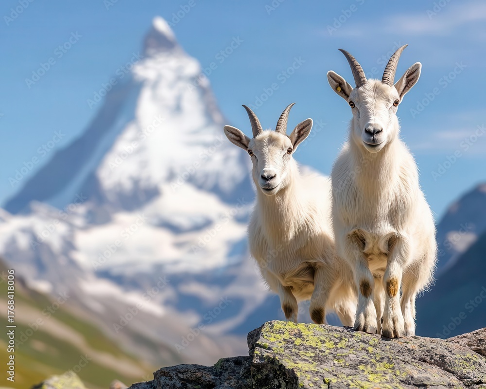 Fototapeta premium Mountain goats climbing rocky ledge near Matterhorn, wildlife in action