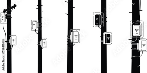 Modern wireless WiFi router devices mounted on utility poles, smart communication network technology, internet signal distribution system, digital connectivity infrastructure