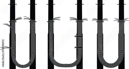 Industrial electric cable bend connection on utility pole, detailed black and white engineering illustration, power line structure, energy transmission design