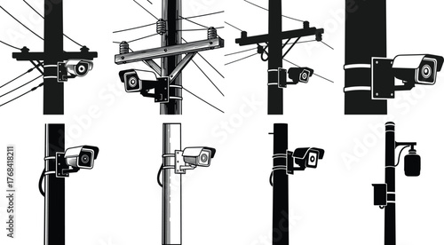 Surveillance security cameras mounted on electric poles, street monitoring system, CCTV technology illustration for urban safety, traffic control, and public surveillance