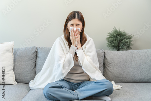 Female unhealthy Sickness, asian young woman, girl unwell and coughing, have cold, sore throat isolated white background suffering with symptom cough feeling bad. Healthcare of Coronavirus, covid-19.