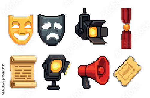 Pixel art theater icons: masks, lights, curtains, megaphone, scroll, ticket