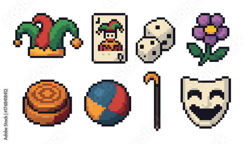 Retro pixel art icons: jester, playing card, dice, flower, ball, mask, staff, button
