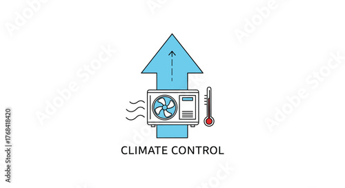 Illustration of an air conditioner unit with a thermometer and an upward arrow symbolizing climate control.
