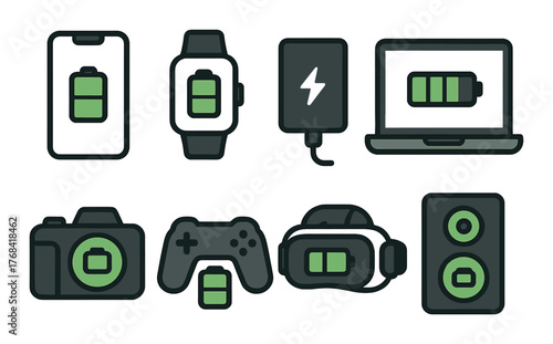 Various electronic devices displaying battery status icons on screens
