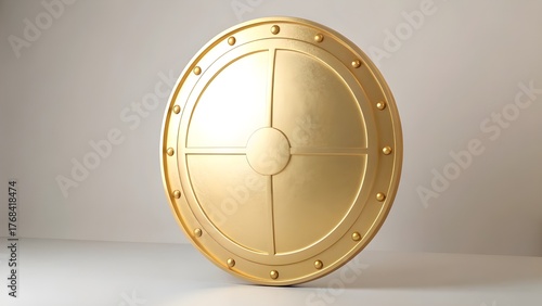 A golden, round shield with rivets, displayed against a plain, light-colored backdrop.