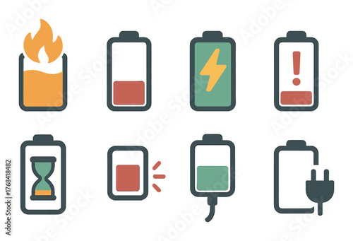 Battery icons representing levels and warnings including fire and charging plug