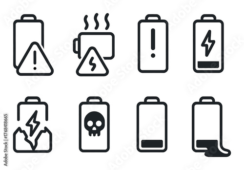 Dark battery icon set: warning and danger symbols for power issues