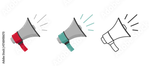 Set of megaphone icons in red, teal, and outline styles. Perfect for marketing, announcements, promotions, advertising materials, business presentations, and sale campaigns.
