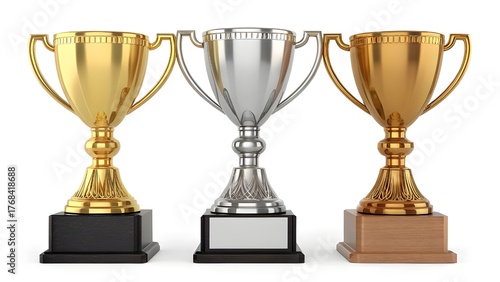 Three trophies, gold, silver, and bronze, stand side-by-side, representing first, second, and third place.