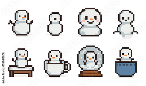 Pixel snowman characters in various creative scenes and settings