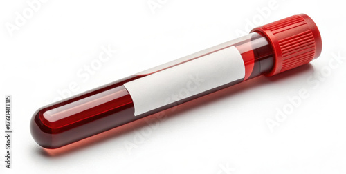 Sample tube with red cap and blank label lying white surface, clinical specimen for testing, sterile container, medical sample for analysis