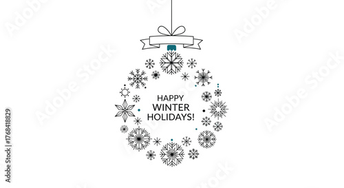 Minimalist winter holidays greeting with snowflakes forming a wreath on a white background.