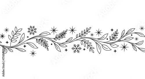 Whimsical black and white border with winter foliage and twinkling stars.