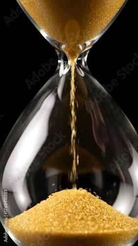 A close-up of an hourglass with gold sand flowing from top to bottom. Black background